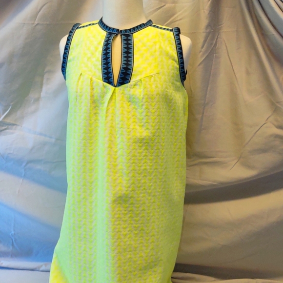 J Crew Neon Yellow and Deep Blue Geometric Print Midi Sheath Dress Size 2 EUC - Picture 2 of 16